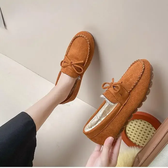 Winter Shoes Women Casual Flat Shoes Women\'s Moccasins Soft Loafers Fashion Comfort Warm Plush Bow Slip on Female Cotton Shoes