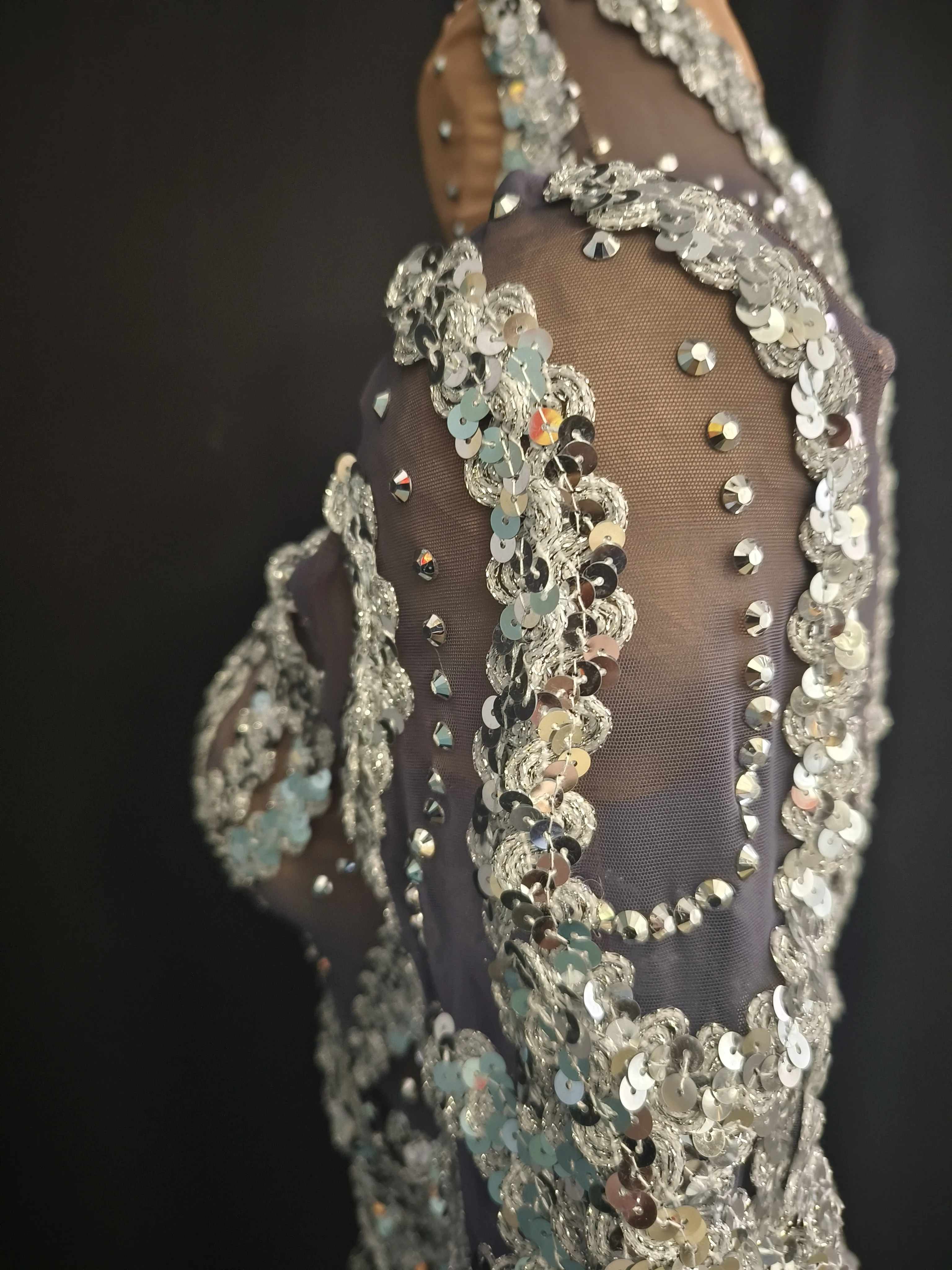 Vrouwen Print Strass Mesh Bodycon Mini-jurk Lange mouw Coltrui Avondfeest Verjaardag Fotoshoot Jurk Toneelkostuums