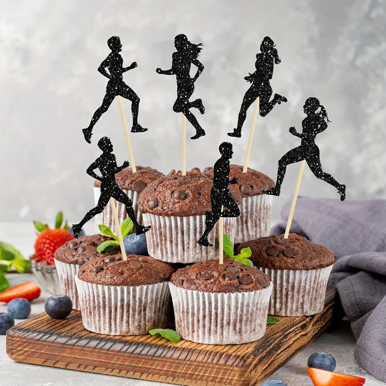 12pcs Running Cupcake Toppers, Black Glitter Sports Fitness Cupcake Picks, No Electricity Needed, Featherless, for Running - view 3