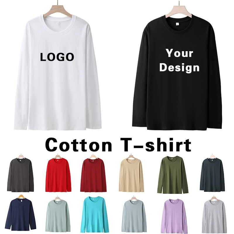 Custom logo cotton t-shirt Spring/autumn T-shirt home men\'s long sleeved O-neck solid color casual printed pattern diy