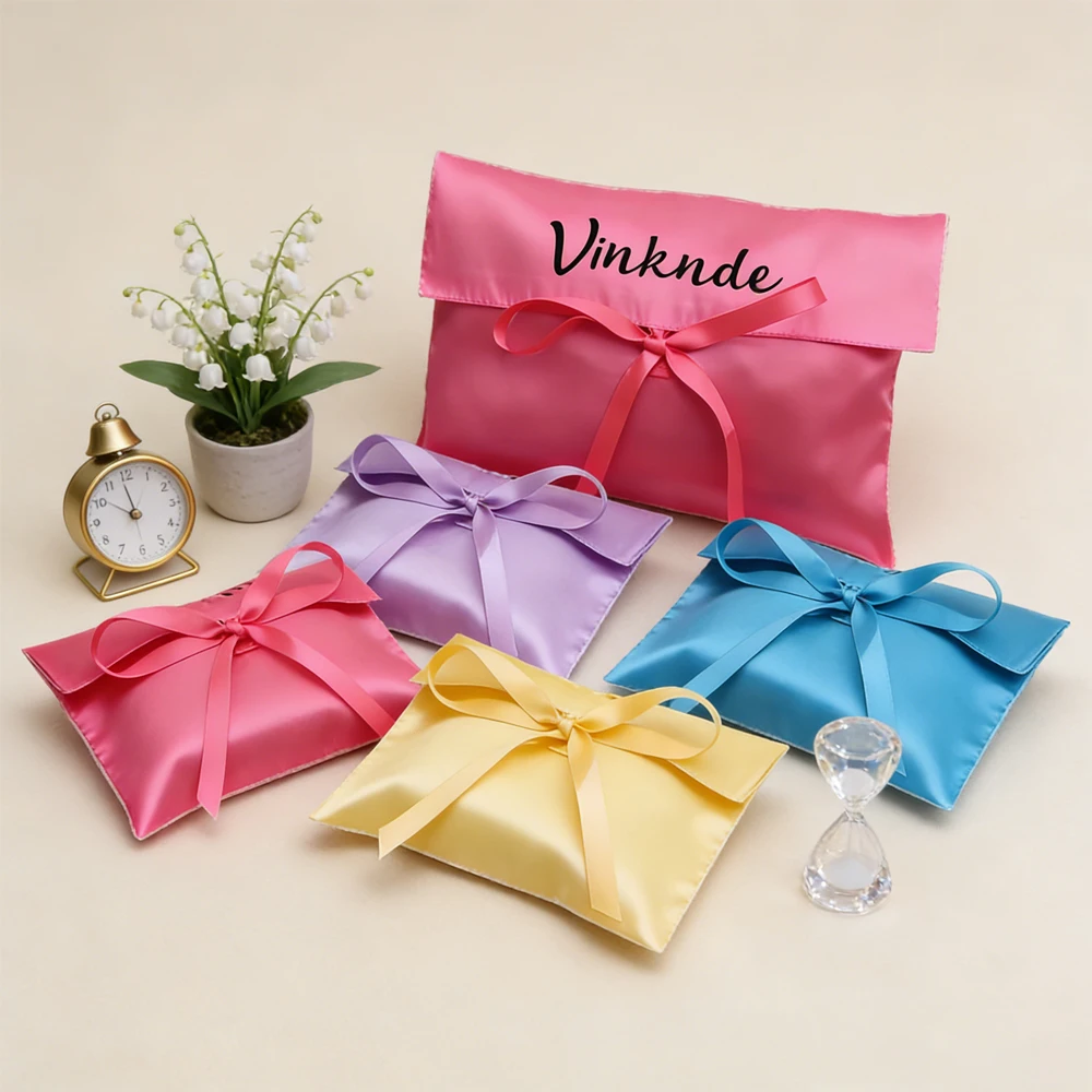 

Custom Logo Satin Envelope Bag Reusable Lingerie Clothes Storage Silk Pouch Hair Extension Jewelry Perfume Bag With Bow Ribbon