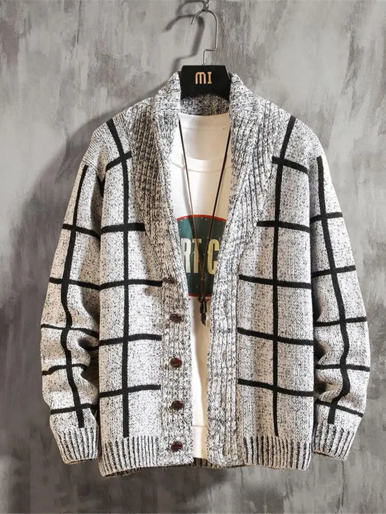 

Slim Fit Men's Knitted Cardigan Korean Sle Plaid Lazy Sle Sweater Spring Autumn Faionable Polyester Fiber Non-deformable