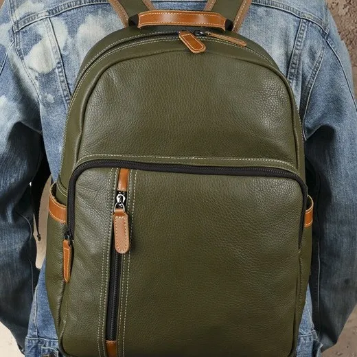 Vintage Color-Blocked Leather Backpack, Soft Top-Grain Cowhide Rucksack, Unisex Spacious School Daypack