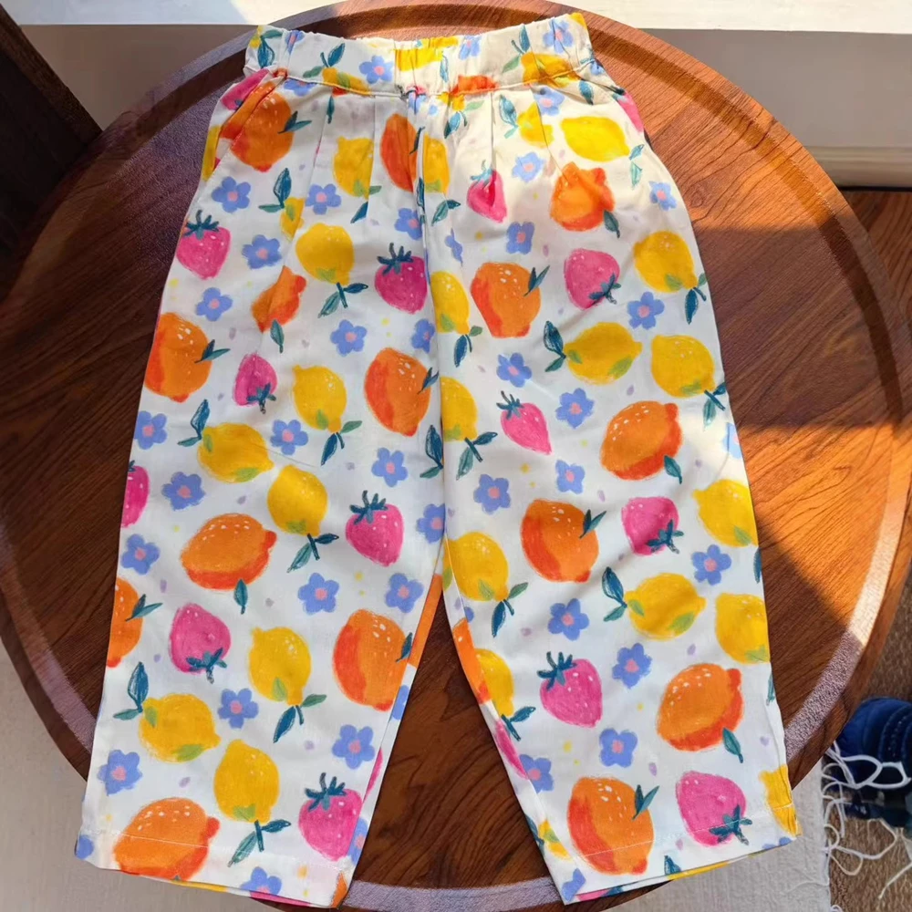 

spring summer girl clothes kids pants Cute cartoon pants Fruit pattern printed pants Dopamine-colored pants