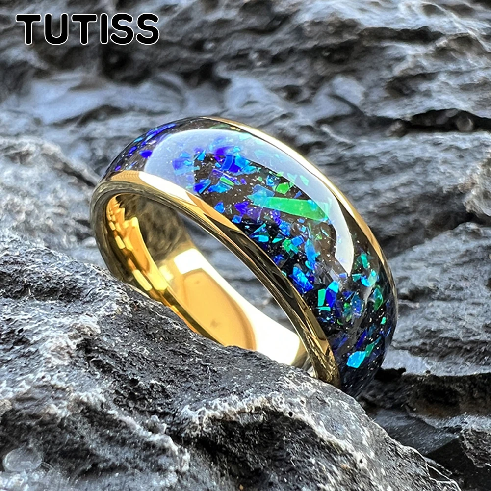 

TUTISS Men's and Women's 8mm Tungsten Carbide Wedding Ring Shining Blue Green Fragments Engagement Band Domed Polished Shiny