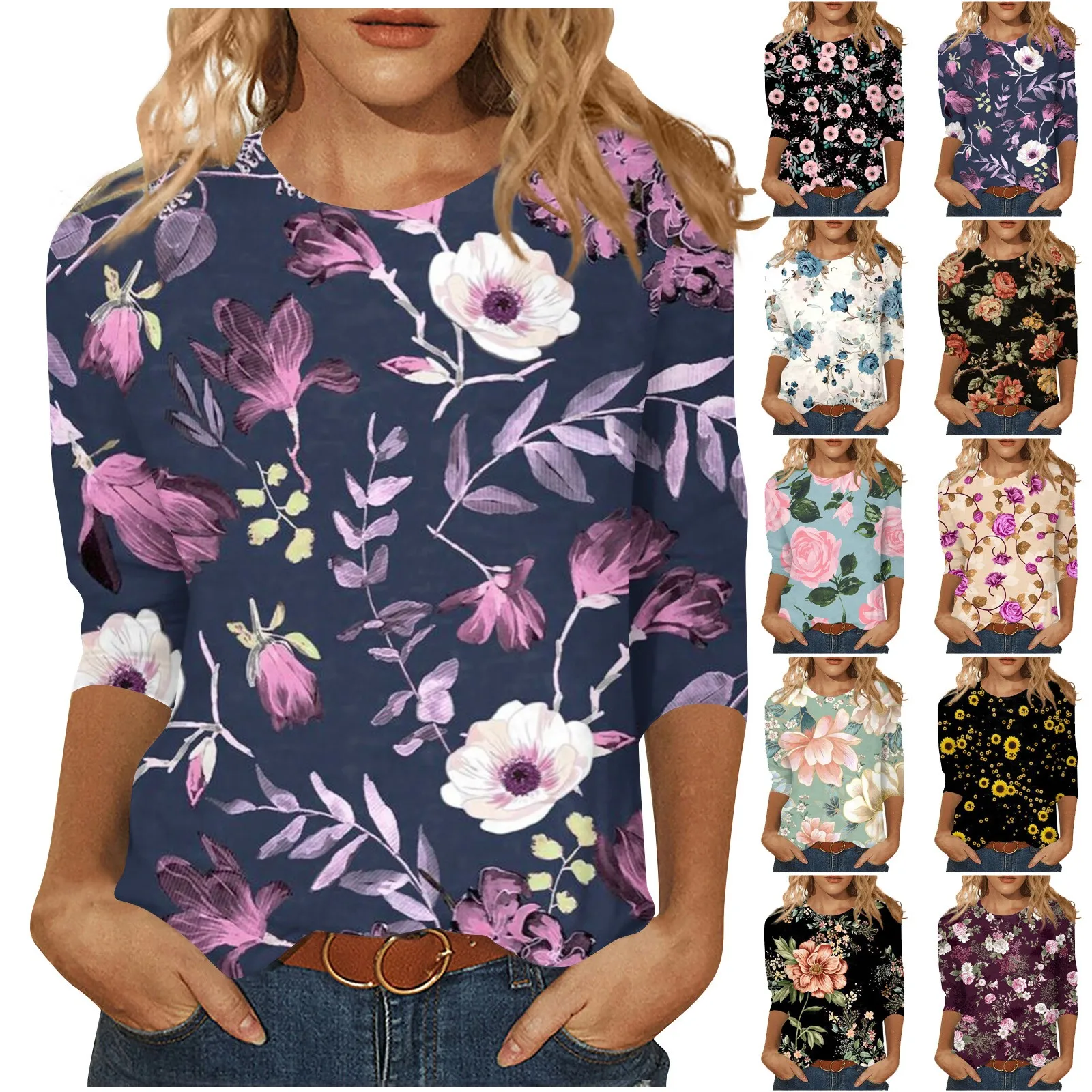 Summer Women's T-shirt Fashion Floral Print Tops Tees Ladies Clothing Everyday Female Top Round Neck Loose 3/4 Sleeve Pullovers