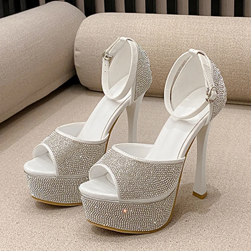

Eilyken New Fashion Satin Crystal Diamond Buckle Strap Women Sandals Summer Platform Thin High Heels Banquet Stripper Shoes