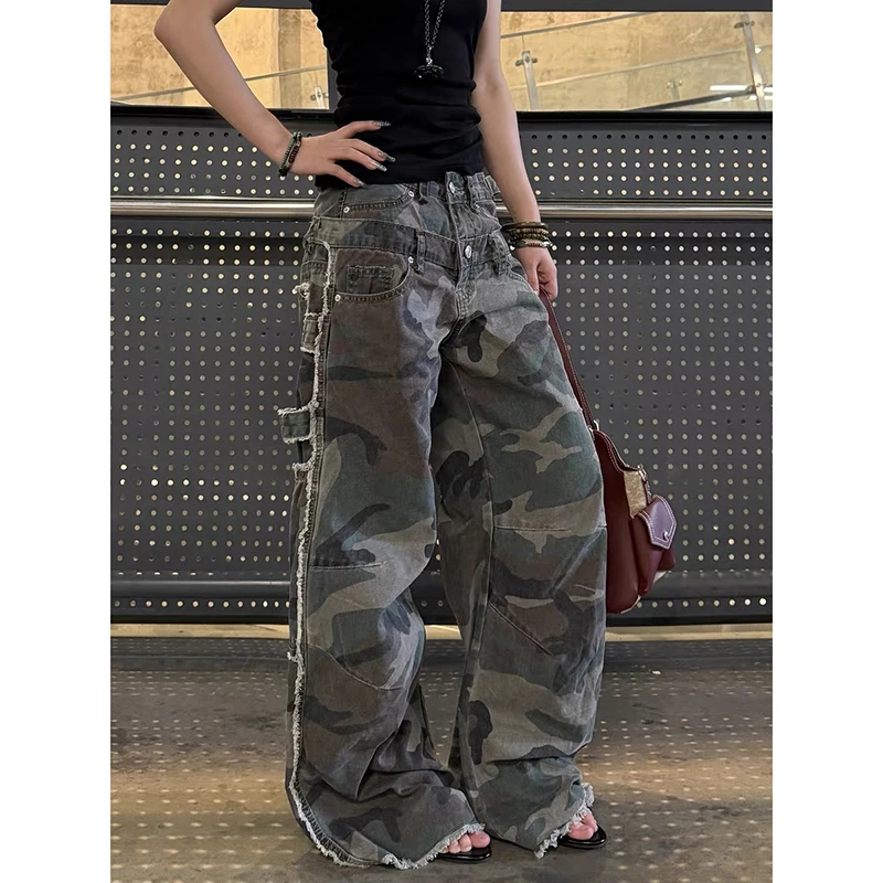 

ZHIZOU женские мешковатые камуфляжные джинсы Y2k Harajuku винтажные джинсовые брюки в стиле 2000-х годов оверсайз джинсы-бойфренды-карго брюки осень