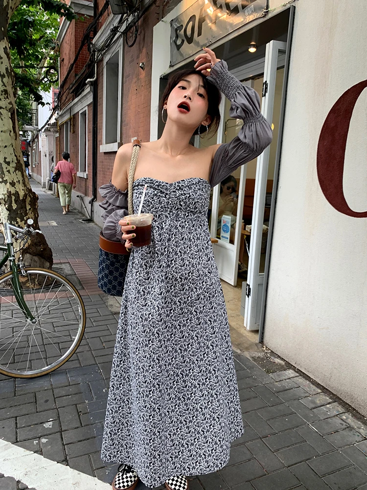 

Женское хлопковое платье миди Fairy Sle с цветочным принтом, длинными рукавами, тонкими бретелями, средней талией, в британском стиле, для повседневной носки