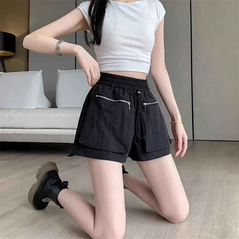 

Elastic Waist Casual Wide Women's Cargo Shorts Flowy Trend 2025 Korean Style XL Summer Zippered Pocket Baggy Female Short Pants