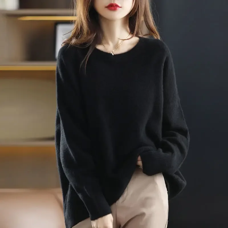 Autumn Winter Chic Loose Casual Simple Sweater Ladies Elegant Fashion All-match Knitting Pullover Solid Y2K Top Women Jumpers