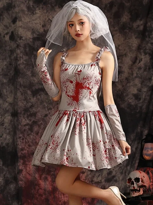 ชุดแต่งงานซอมบี้สำหรับงานฮาโลวีน ผู้ใหญ่และเด็ก คอสเพลย์เจ้าสาวผี ทำจากเส้นใยโพลีเอสเตอร์ 100% แบบดั้งเดิมของจีน...