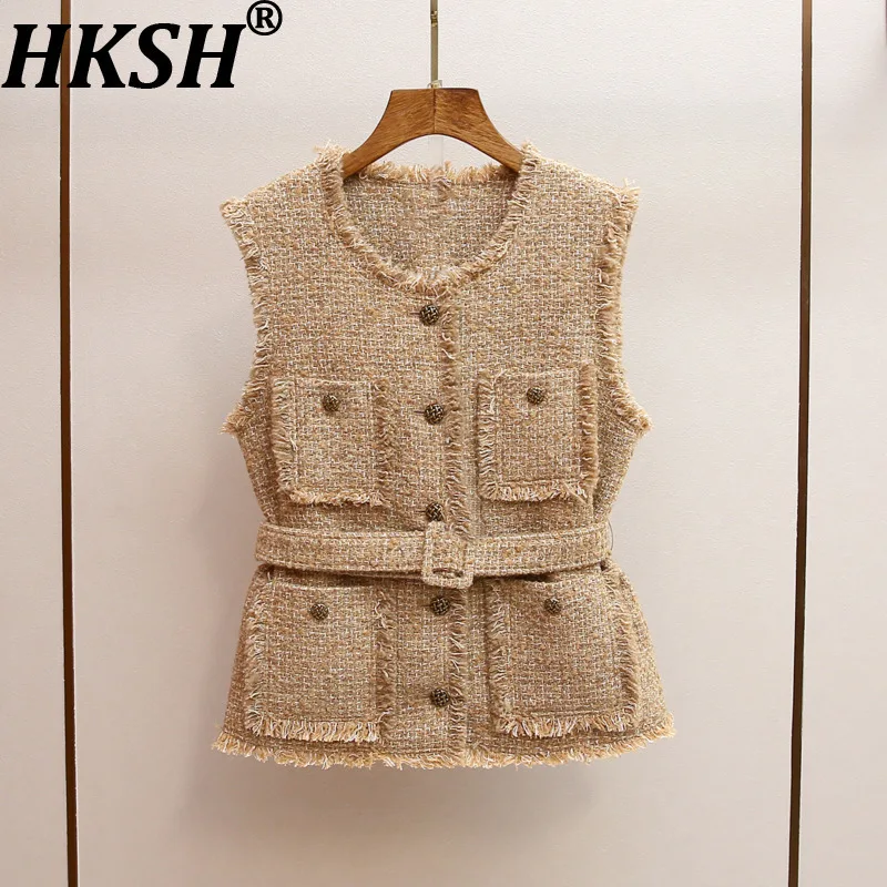HKSH Spring Autumn New Women's Waistcoat O-neck Multi-pocket Single Breasted Sashes Elegant Tide Sleeveless Tweed Jacket HK14107