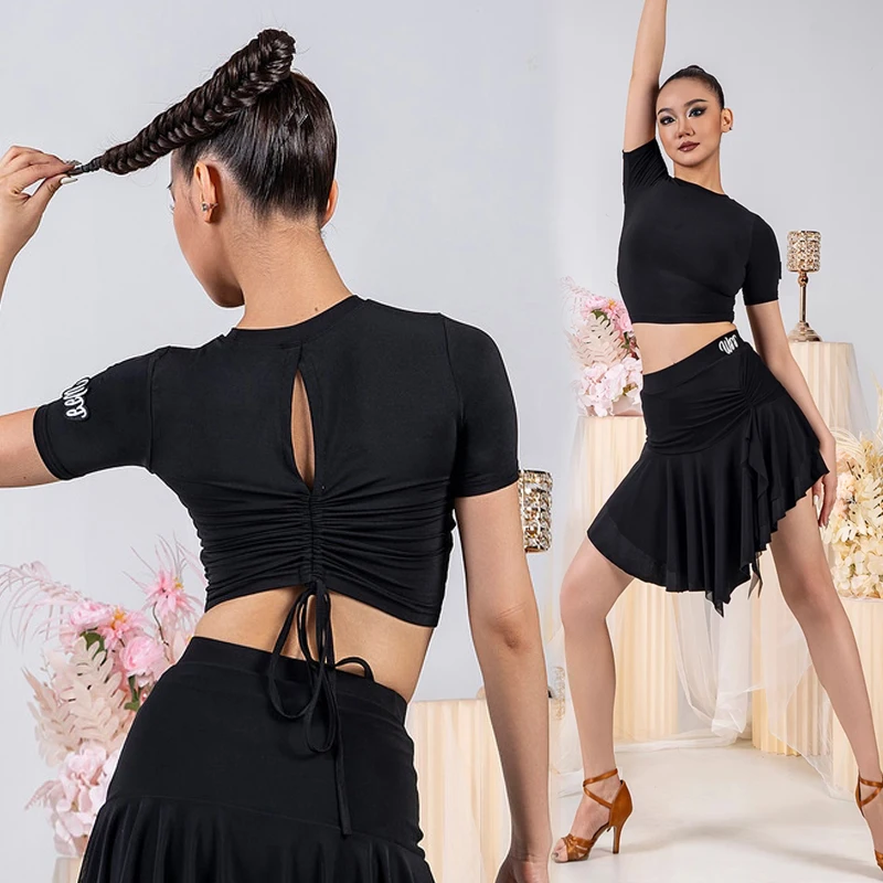 

Women Professional Practice Clothing Sport Training Wear Summer Latin Dance Tops Short Sleeves Drawstring Short Tops