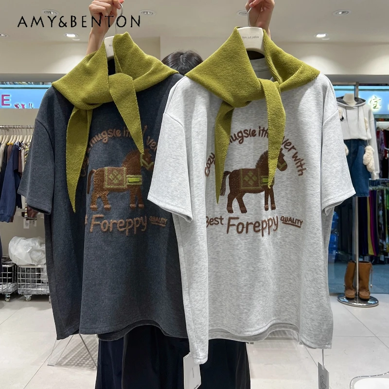 秋の厚手起毛コットンオーバーサイズY2K Tシャツヘビーインダストリー刺繍ルーズロングハーフスリーブボトムシャツレディース