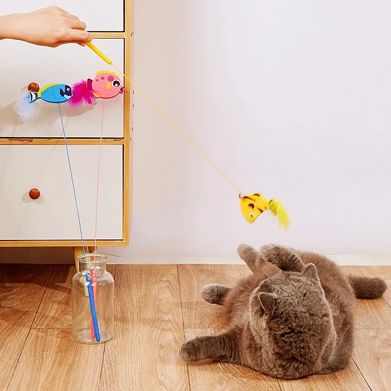 ألعاب القطط ريشة القطط دعابة عصا اللعب لطيف الأسماك لعبة القط التفاعلية مع جرس مقبض طويل ريشة دعابة القطط لعبة منتجات الحيوانات الأليفة #3
