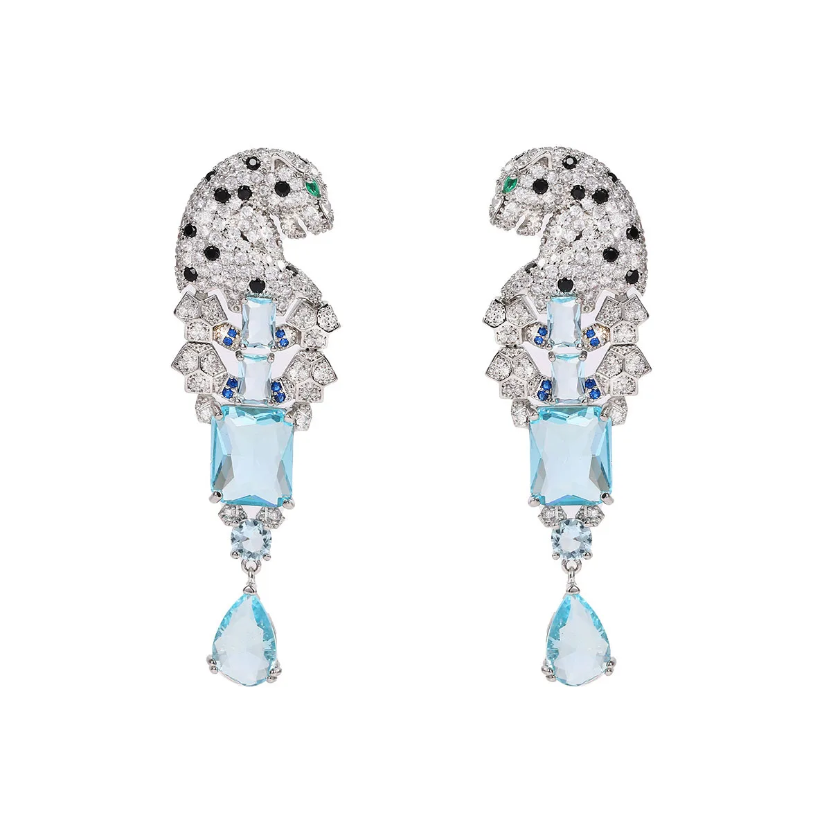 Luxury Temperament Women\'s 925 Silver Drop Earrings Paved Sea Blue CZ Leopard Dangle Earrings Delicate Wedding Animal Jewelry