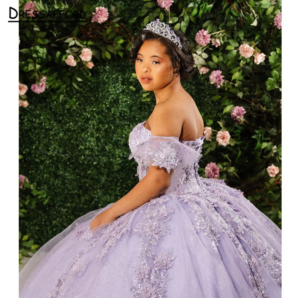 Vestidos de Quinceañera de lentejuelas lilas para 15 años 2023, vestido de baile Sexy con cuello en V y hombros descubiertos, Vestido largo de fiesta para niña