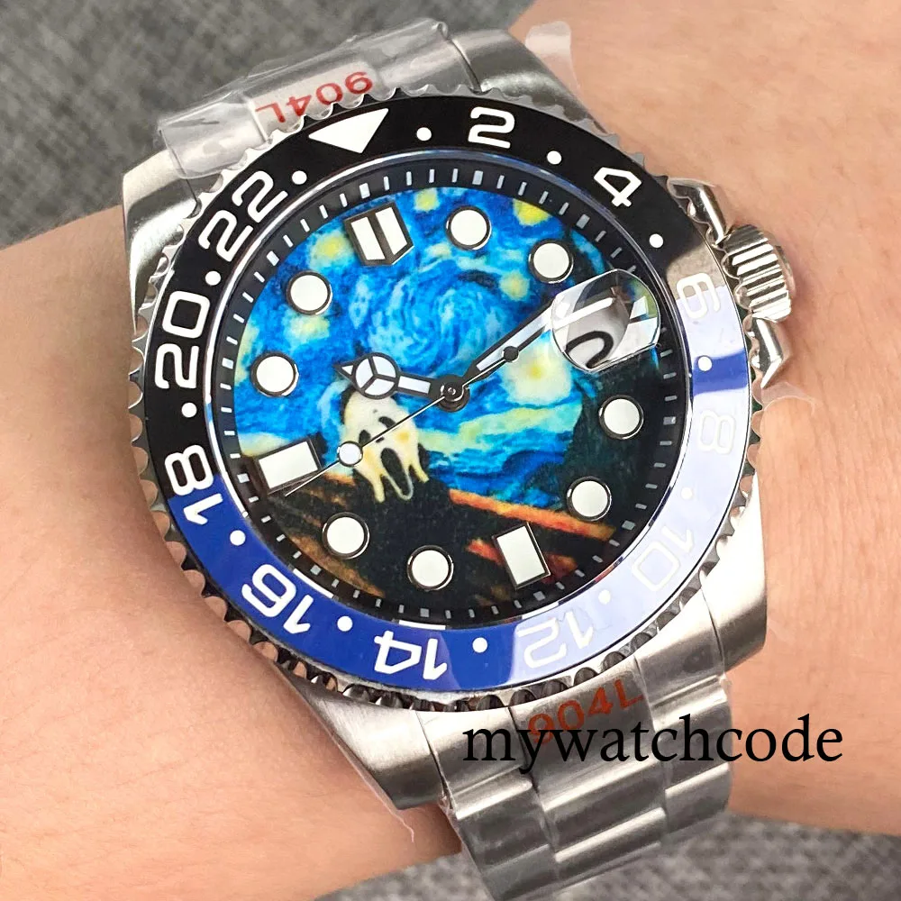 40mm NH35A Luminous Scream Dial Auto data szafirowe szkło automatyczny zegarek męski obrotowy Bezel bransoletka Screwdown Crown