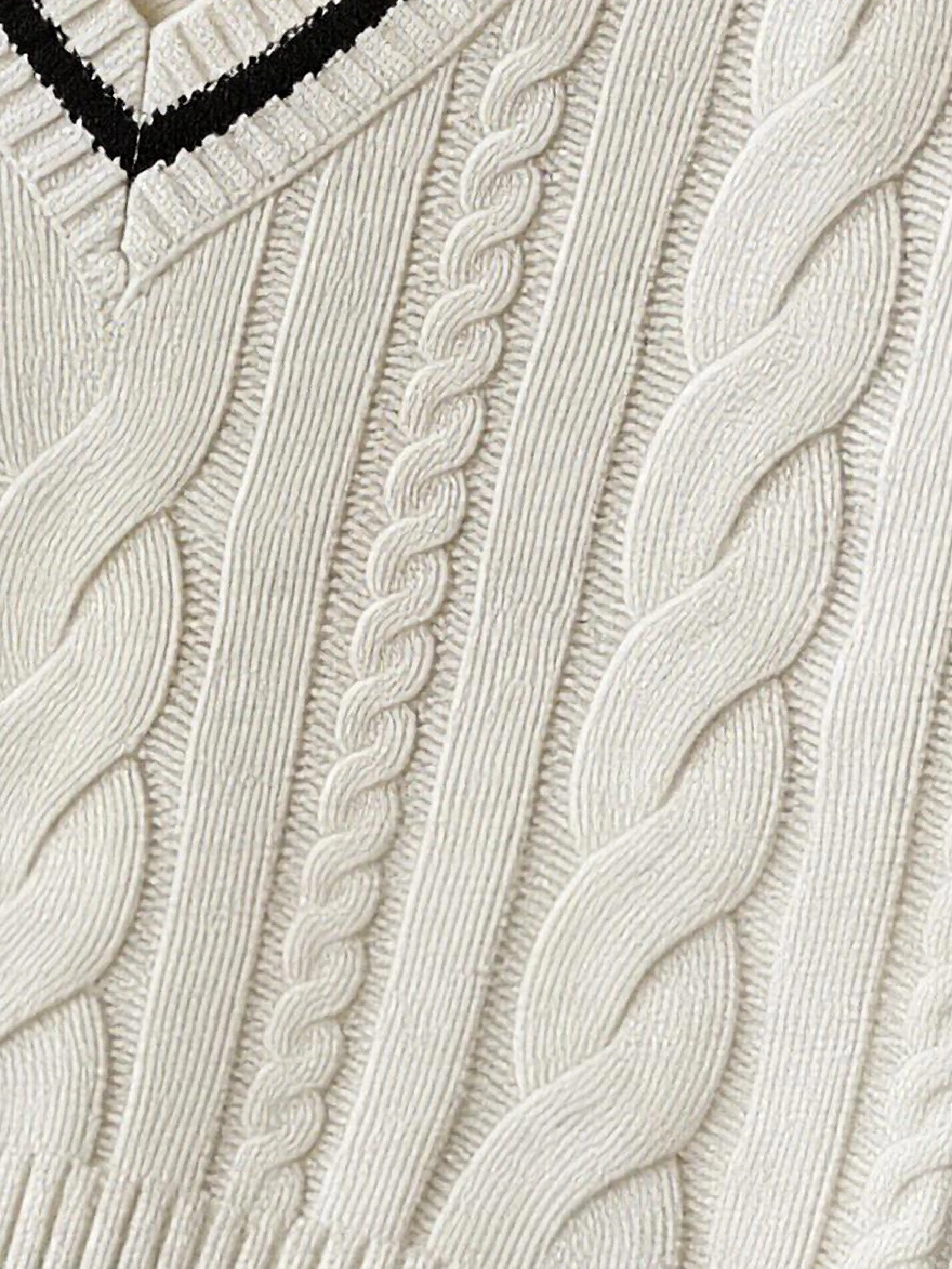 Plus Size Knitted Vest Women V Neck Striped Trim Cable Knit Sleeveless Sweater Preppy Style Loose Fit view 5