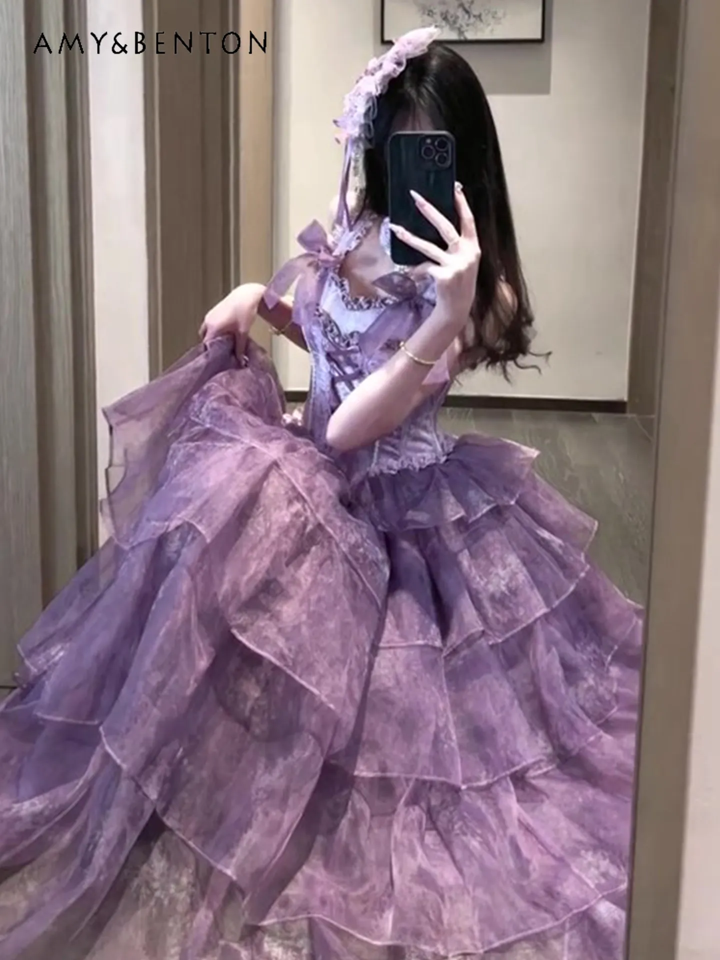 

Summer New Women's Purple Slim High-Waisted Long Lolita Dress Versatile Bustle Black Birthday Adult Ceremony Princess Dress