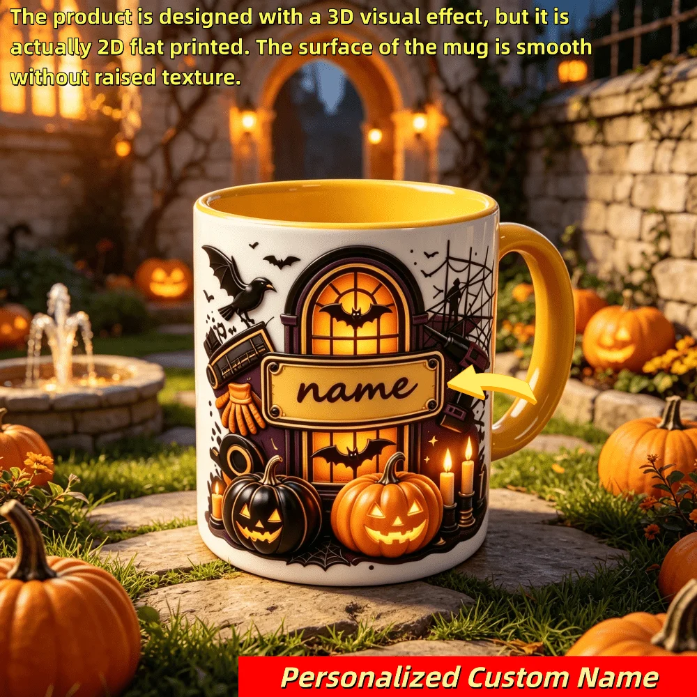 Personalized Halloween Pumpkin Bat Ceramic Mug 11oz Custom Name 2D Flat Printing Coffee Cup Gift