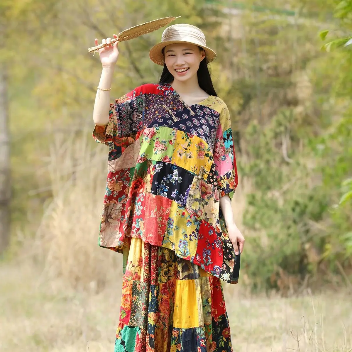 LZJN Top estivo ampio in puro cotone patchwork con camicia unica a maniche corte girocollo in stile etnico stampato di grandi dimensioni