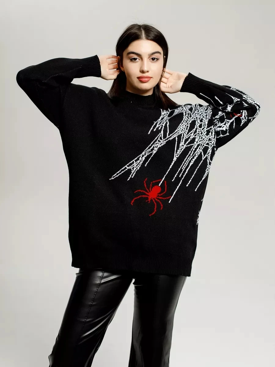 Women's Spider Web Print Loose Long Sleeve Gothic Hip Hop Streetwear Sweater Y2K Spider Print Oversized Sweater