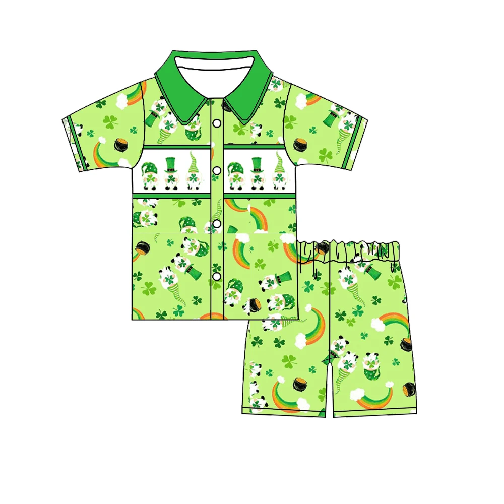 St. Parker series Girls and boys clothes Short-sleeved series pajamas set Lapel design Elf rainbow four-leaf clover pattern