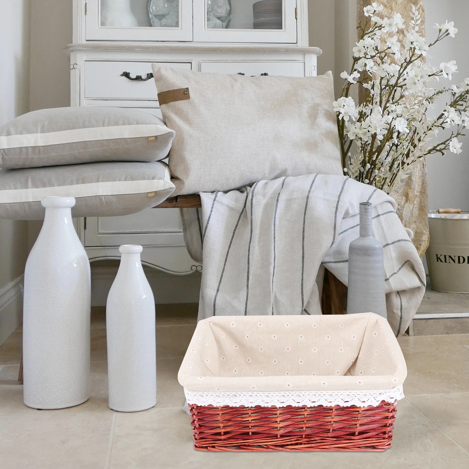 

Wicker Basket Storage Box Brown 35x25x14cm Fabric Lining Laundry Sundries Sorting Basket Home Organizer Kitchen Storage