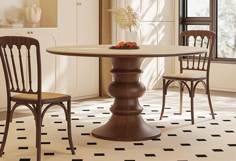 Medieval rock slab dining table 1.35 meters round with turntable solid wood feet dining chair combination