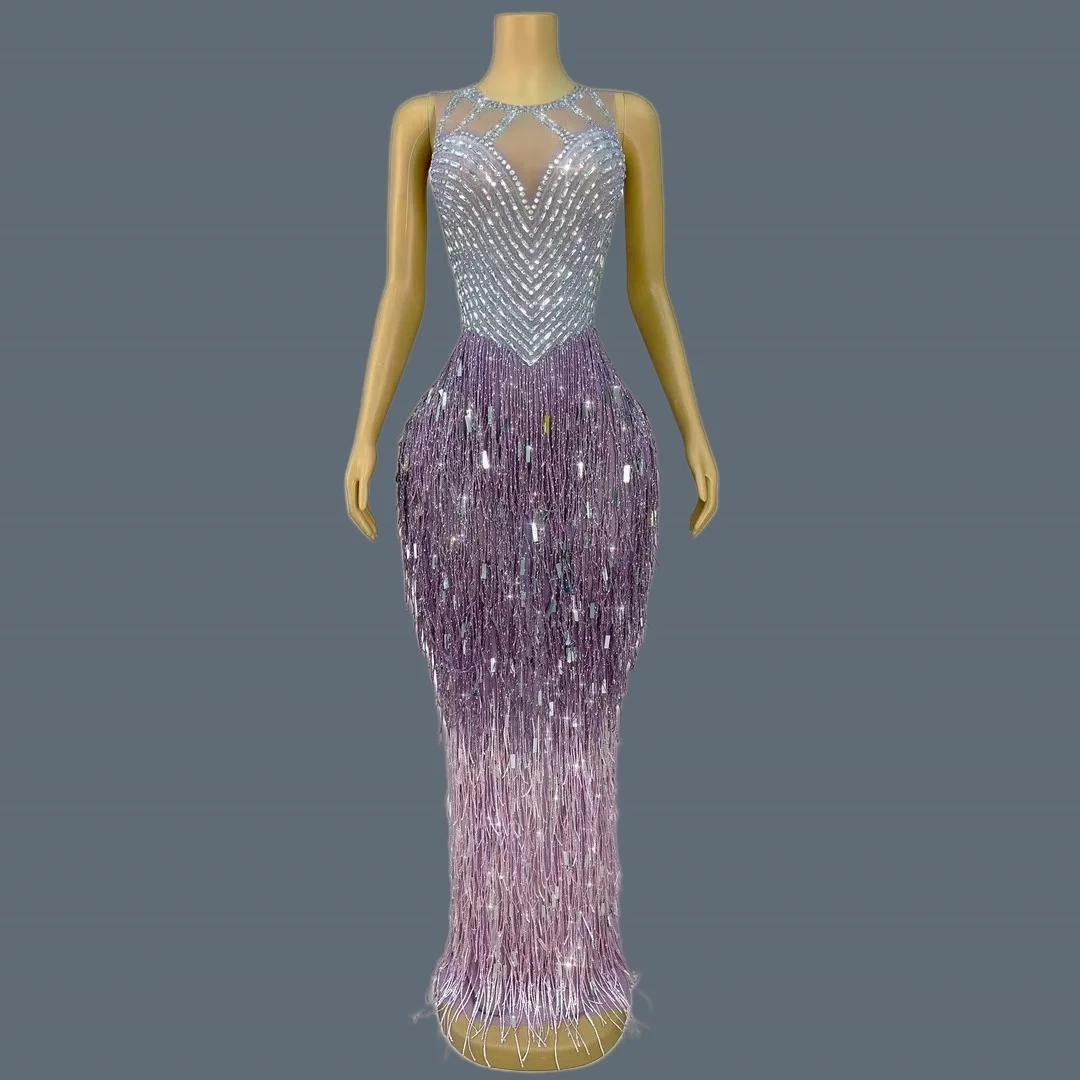 

High-end Prom Long Dress Women Sparkly Rhinestone Tassel Evening Gown Birthday Night Party Festival Celebrate Sexy Dress Piaoliu
