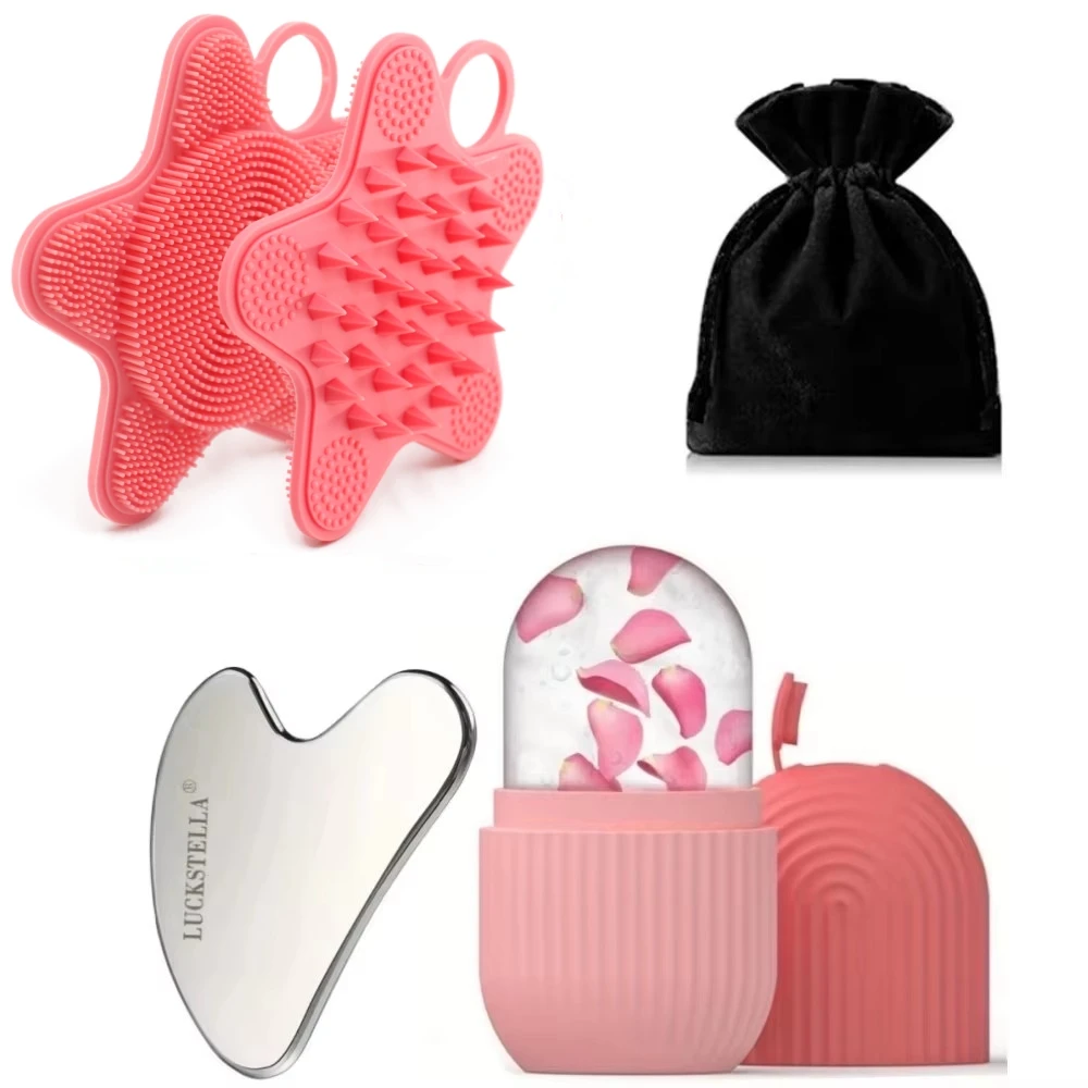 

2/5-piece facial cleansing tool, stainless steel heart-shaped scraping, Silicone Bath Brush, ice facial roller, a flannel bag