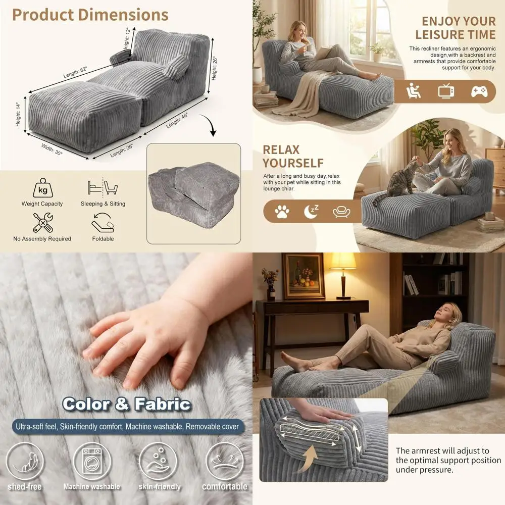 Large Striped Gray Bean Bag Chair with Memory Foam and Armrests for Living Rooms, Bedrooms, Dorms, and Balconies