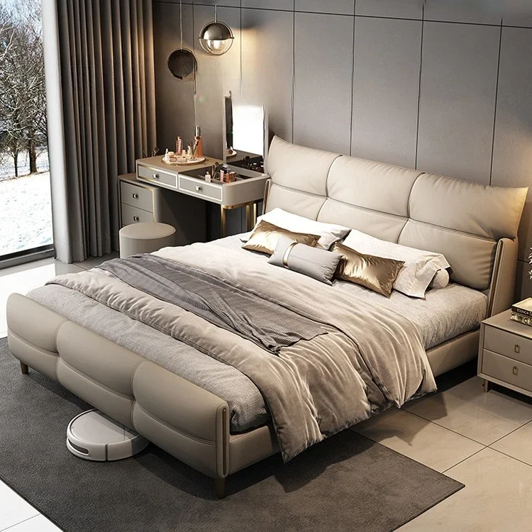 بساطة عصرية، طراز إيطالي، فاخر خفيف، سرير جلدي، رياح كريمية 1.8 متر، غرفة نوم رئيسية سوداء، مزدوجة #3