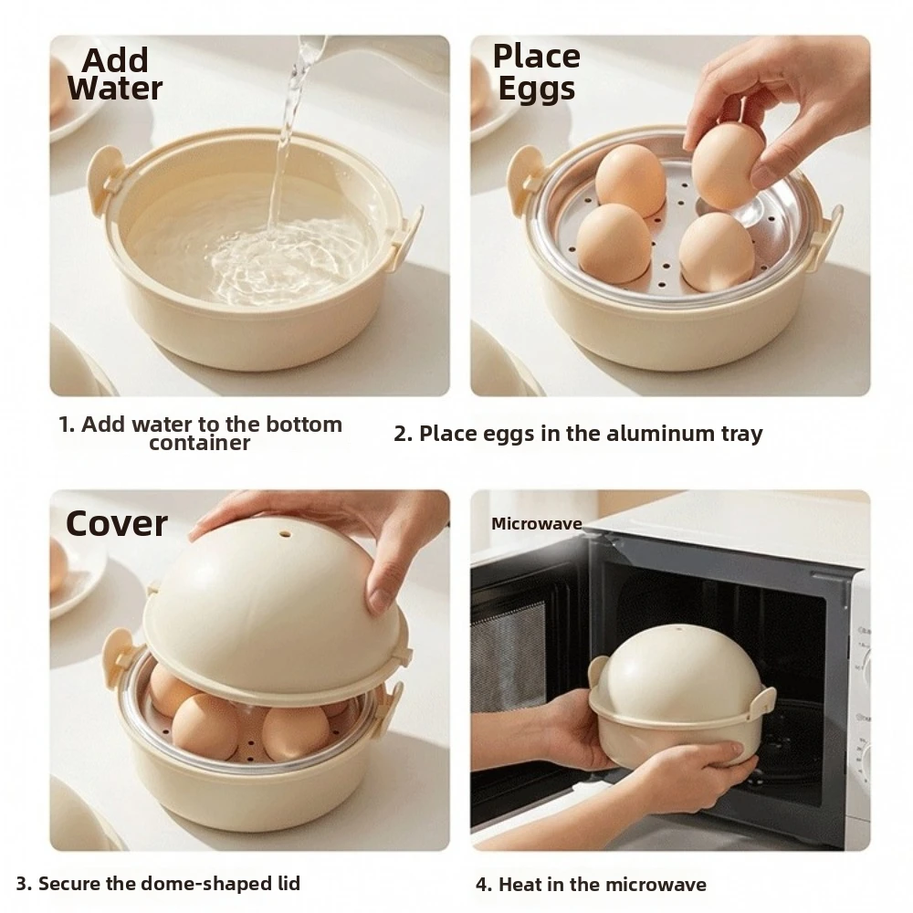 Portable Heat Resistant 4-Egg Egg Boiler Plastic Multi-Purpose Microwave Egg Cooker Quick Breakfast Egg Steamer Kitchen Gadgets