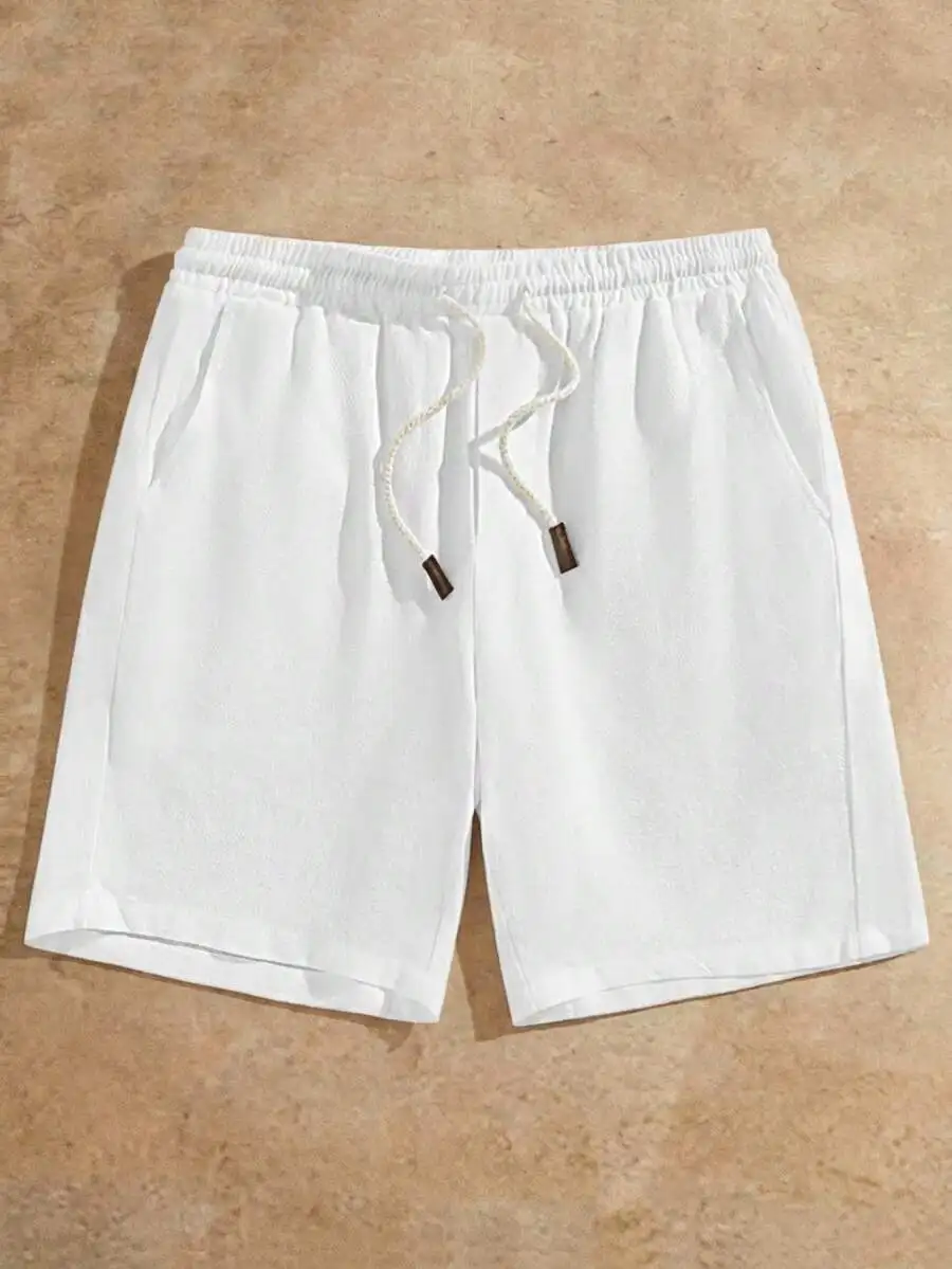 

Mens Casual Solid Color Drawstring Waist Slant Pocket Shorts Summer Lightweight Breathable Linen Look