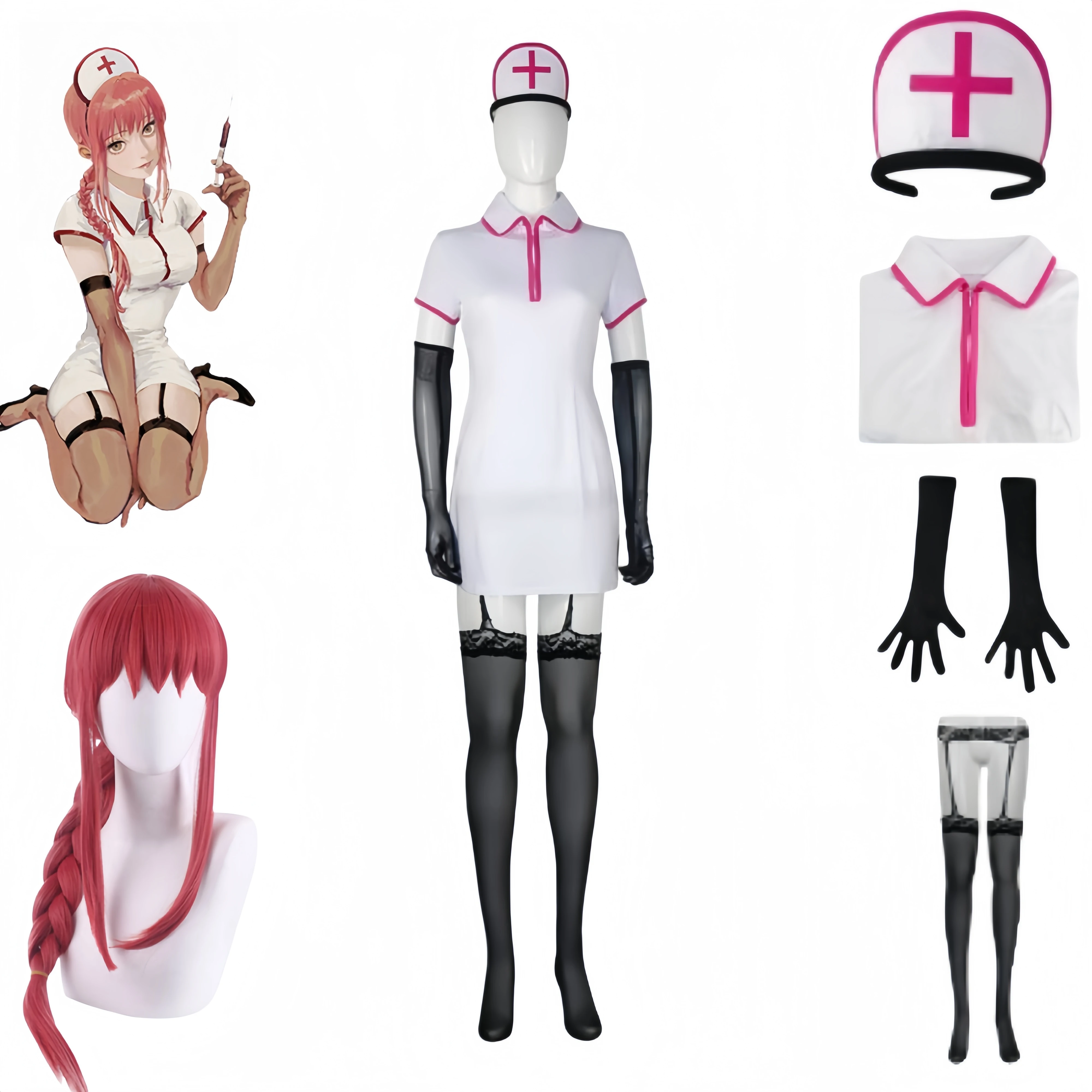 Makima Cosplay Costumes Chainsaw Man Anime Halloween Celebration Nurse Uniform White Dress and Wine Red Wig