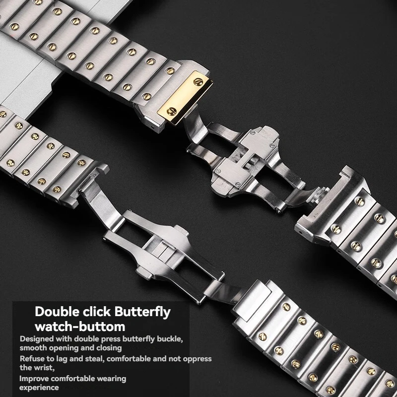 سوار من الفولاذ المقاوم للصدأ متوافق مع Santos 100، سوار على طراز كارتييه 20 مم 23 مم، حزام معدني صلب لساعة سلسلة كارتييه Santos