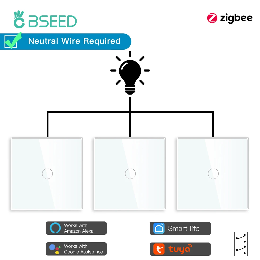 BSEED  3Packs Zigbee Smart Light Switches 1Gang 3Way Wall Touch Switches Support Google Home Smart Life Alexa Voice Control 10A