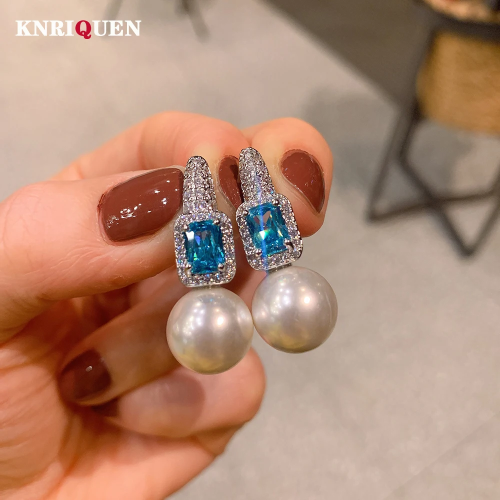 

2022 Trend Charms 12mm Pearl Ruby Aquamarine Stone Lab Diamond Drop Earrings for Women Party Wedding Fine Jewelry Birthday Gifts