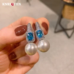2022 Trend Charms 12mm Pearl Ruby Aquamarine Stone Lab Diamond Drop Earrings for Women Party Wedding Fine Jewelry Birthday Gifts