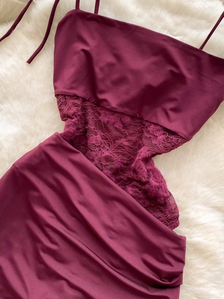 Foamlina 2025 Letnia Nowa Sukienka Bodycon Wieczorowa Damska Elegancka Bez Rękawów Koronkowa Wstawka Talia Obcisła Wino Czerwona Maxi Sukienka na Bal