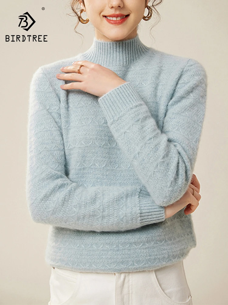 BirdTree, 7G 100%Pure Cashmere Elegant Sweaters, Women Mock Neck Thicken, Casual Versatile Sweater, Autumn Winter Top T480100QC