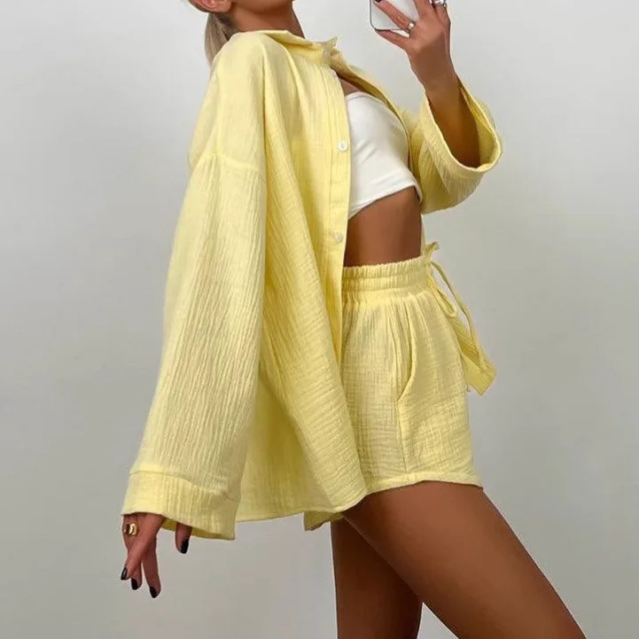 قميص وشورت نسائي ربيعي بأكمام طويلة بلون سادة لعام 2025، مناسب للتنقل والترفيه ملابس الشارع