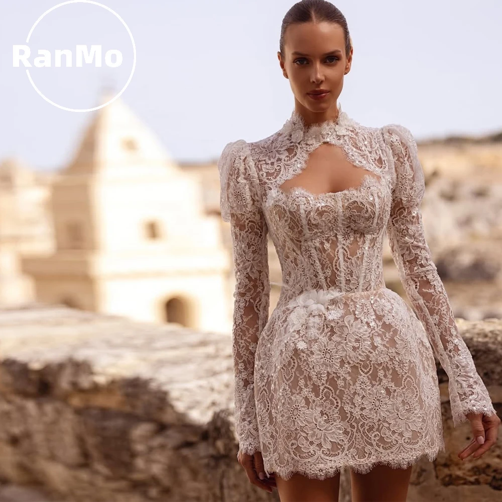 

Вечернее платье Ranmo с длинными рукавами и белыми пайетками, кружевное, с мини-юбкой, модель 2026 года, для выпускного вечера