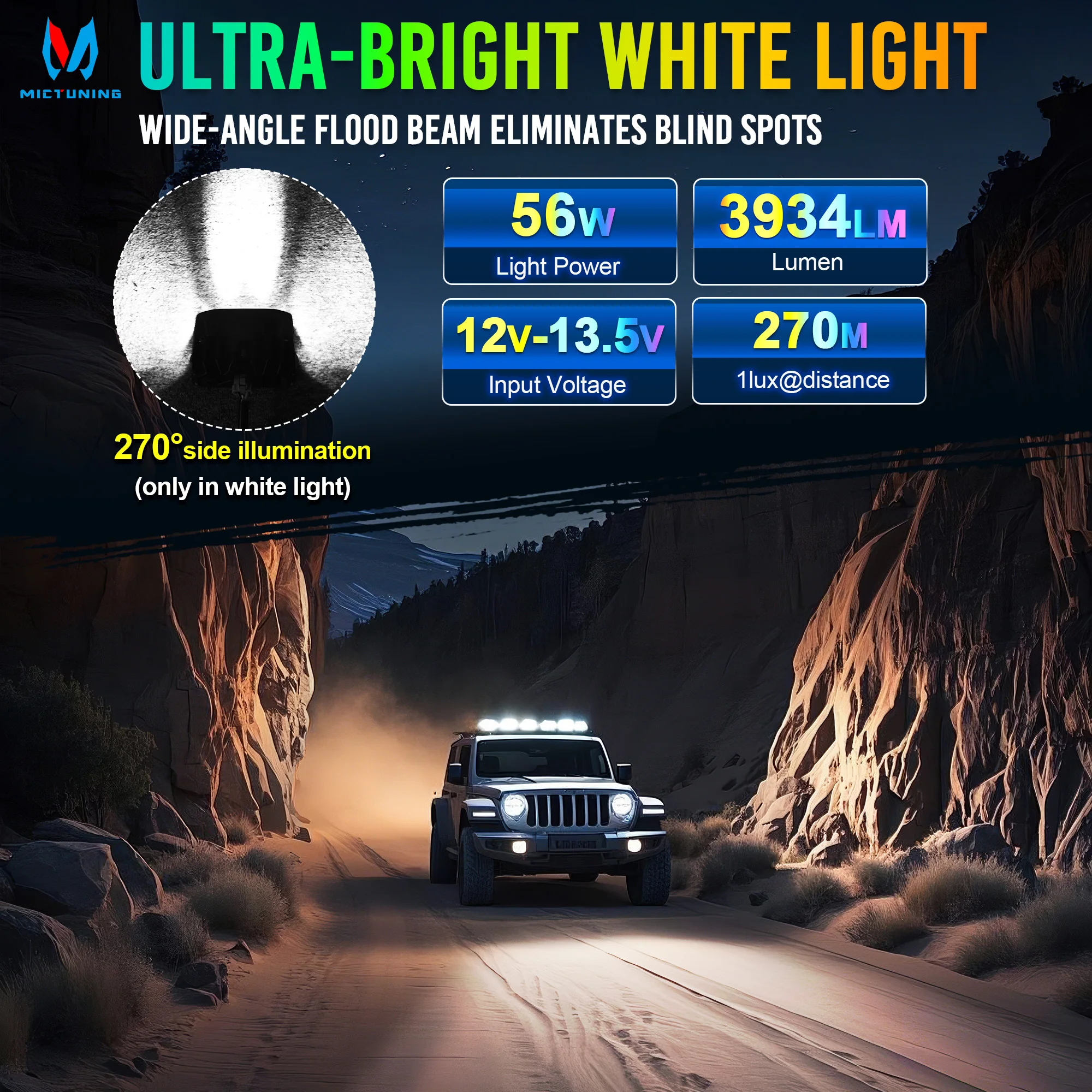 MICTUNING 2 STKS 4-inch werklamp, LED-lichtpods, offroad-rijlichtbalk, RGB 7 kleuren spotstraal voor Wrangler Truck SUV ATV