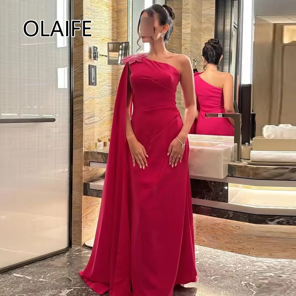 Vestido elegante de gasa con un hombro para dama de honor, vestido de dama de honor con flores, vestido árabe de noche sin espalda Sexy con capa personalizada