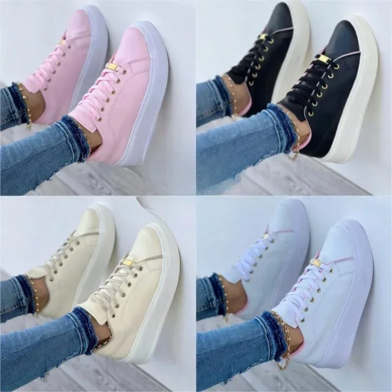 Women Vulcanized Shoes Fashion Lace-Up Round Head Platform Sport Shoes Spring Autumn Female Walking Flats Ladies Casual Sneakers