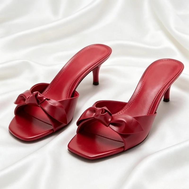 Red Bow Decoration Elegant Heeled Slippers Women Round Toe Thin High Heel Slide Sandals Sexy Open Toe Summer Designer Beach Shoe